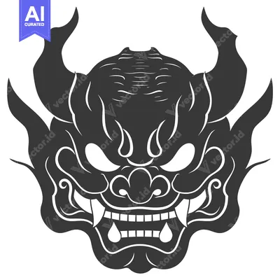 Premium design asset: Black and White Illustration of a Japanese Oni Mask
