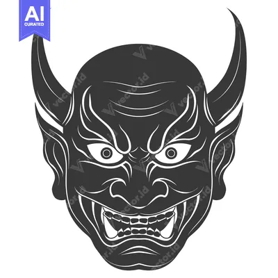 Aset desain premium: Black and White Illustration of a Japanese Oni Mask with Fangs