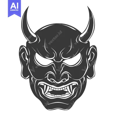 Aset desain premium: Black and White Illustration of a Japanese Oni Demon Mask with Horns