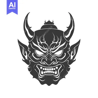 Aset desain premium: Black and White Illustration of an Oni Demon Mask with Horns