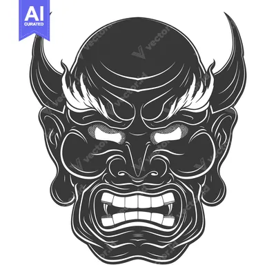 Popular premium asset: A Monochromatic Illustration of a Japanese Oni Mask with Horns and Fan