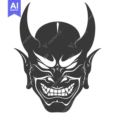 Aset desain premium: Black and white illustration of a demon's head with horns