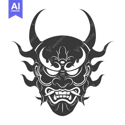 Aset premium populer: Detailed black and white illustration of a Japanese oni mask with horn