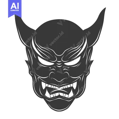 Aset desain premium: Black and White Illustration of a Japanese Demon Mask with Horns