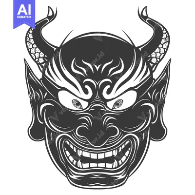 Popular premium asset: Black and White Illustration of a Japanese Oni Mask with Horns