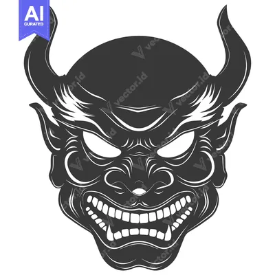 Aset desain premium: Black and White Illustration of a Demon Mask with Horns