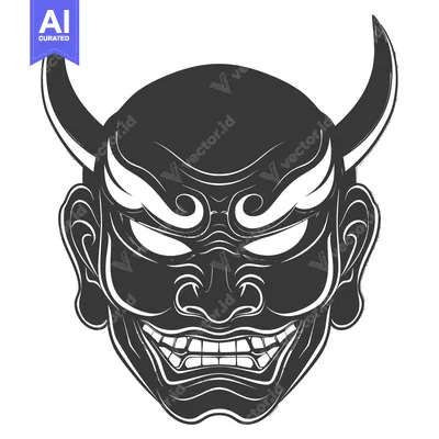 Aset desain premium: A Black and White Illustration of a Traditional Japanese Oni Mask