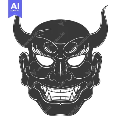 Aset desain premium: Black and White Illustration of a Japanese Oni Mask with Horns