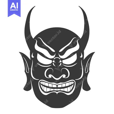Aset desain premium: A menacing Japanese Oni mask with horns, a wide grin, and a third eye.