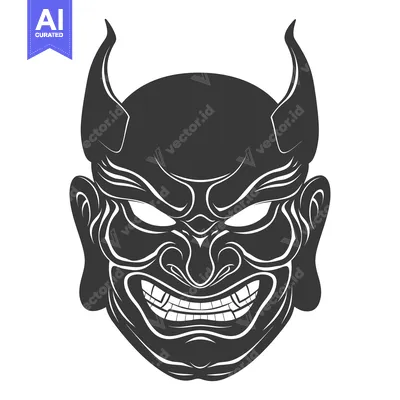 Aset desain premium: Black and white illustration of a menacing Japanese demon mask