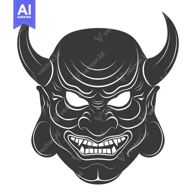 Aset desain premium: Black and White Illustration of a Japanese Oni Mask with Horns