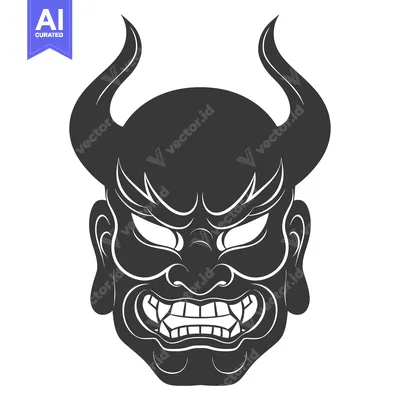 Aset desain premium: Black and White Illustration of a Japanese Oni Mask with Horns and Fan