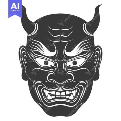 Aset desain premium: Black and White Illustration of a Japanese Oni Mask