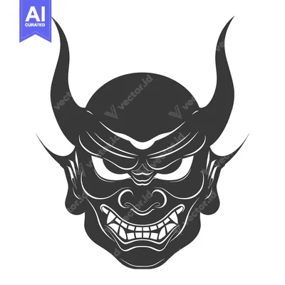 Aset desain premium: A black and white illustration of a menacing Japanese demon mask