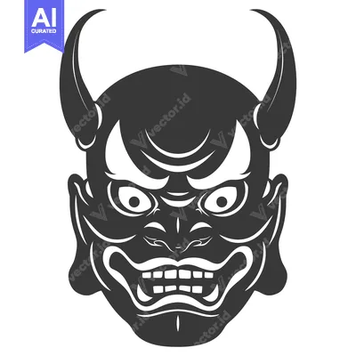 Aset desain premium: Black and White Illustration of a Japanese Oni Mask with Horns