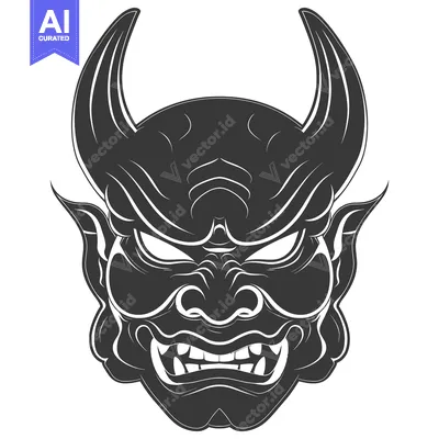 Aset desain premium: Aggressive Black and White Japanese Demon Mask with Horns