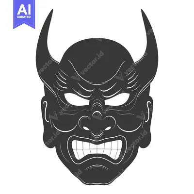 Aset desain premium: A Black and White Illustration of a Japanese Oni Mask with Horns and a