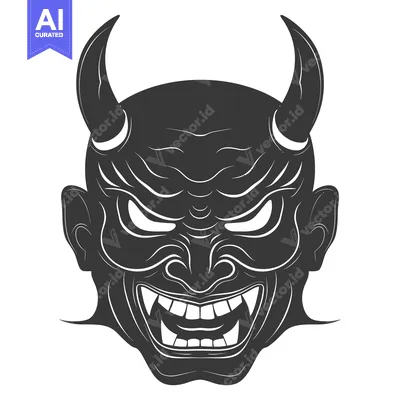 Aset premium populer: A Black and White Illustration of a Demon Mask with Horns