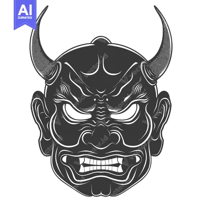 Aset premium populer: A Detailed Black and White Illustration of a Japanese Oni Mask with Ho
