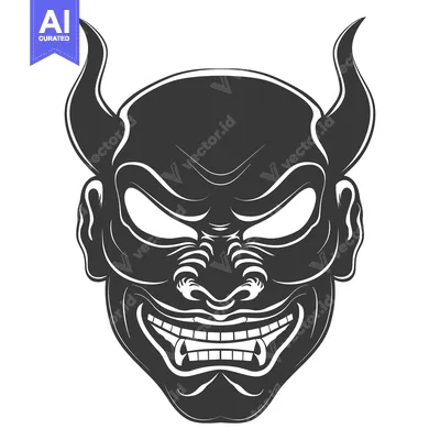 Aset desain premium: Illustration of a Black and White Oni Demon Mask