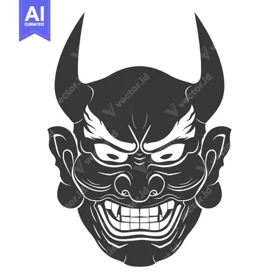 Aset desain premium: Black and White Illustration of a Japanese Oni Mask