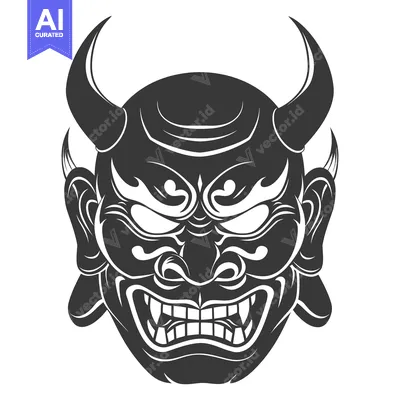 Aset desain premium: Japanese Oni Demon Mask with Horns and Fangs