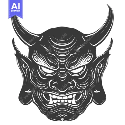 Aset desain premium: Black and White Illustration of a Traditional Japanese Oni Mask