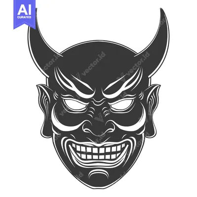 Popular premium asset: Black and White Illustration of a Japanese Oni Mask with Horns and Fan