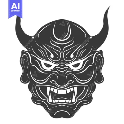 Aset premium populer: Detailed Illustration of a Traditional Japanese Oni Mask with Horns an