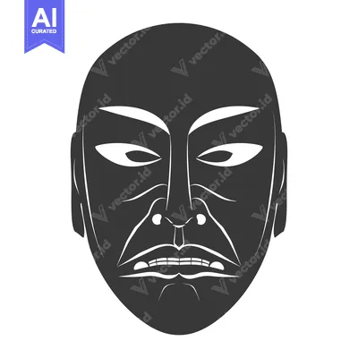 Popular premium asset: Black and white illustration of a Japanese Noh mask with a stern expre