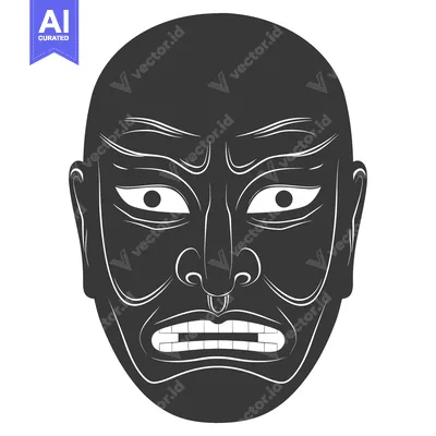 Aset premium populer: Black and White Illustration of an Angry Japanese Mask