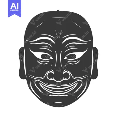Aset desain premium: Black and White Illustration of a Japanese Noh Mask