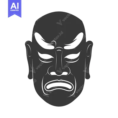 Premium design asset: Black and White Illustration of a Japanese Mask with a Frowning Expres