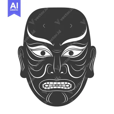 Aset desain premium: Black and White Illustration of a Traditional Japanese Demon Mask