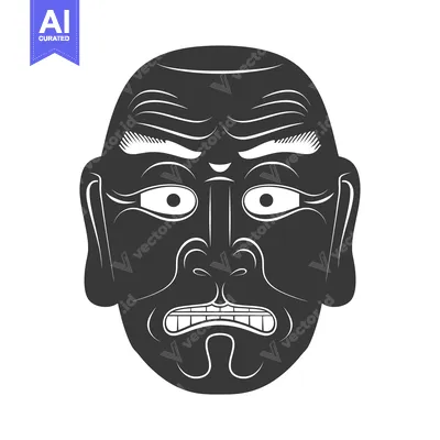 Aset desain premium: Black and White Illustration of a Japanese Noh Mask