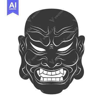 Aset desain premium: Black and white illustration of a Japanese demon mask with a fierce ex