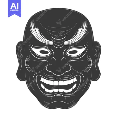 Aset desain premium: A Black and White Illustration of a Traditional Japanese Mask with a G