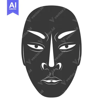 Aset desain premium: Black and White Illustration of a Traditional Japanese Noh Mask