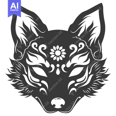 Aset desain premium: Stylized black and white fox mask with a flower design