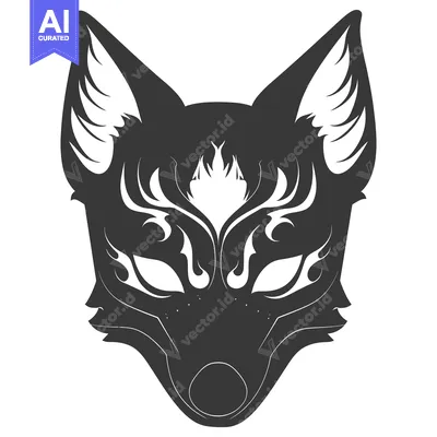 Aset desain premium: Black and White Stylized Japanese Kitsune Mask with Intricate Details