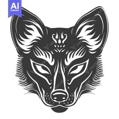 Aset desain premium: Stylized Black and White Fox Head with Tribal Design Elements