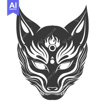 Aset desain premium: Black and White Stylized Fox Mask with Flames and Circles