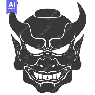 Premium design asset: A Detailed Black and White Illustration of a Japanese Oni Mask