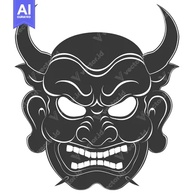 Popular premium asset: Black and White Illustration of a Japanese Oni Mask with Fangs