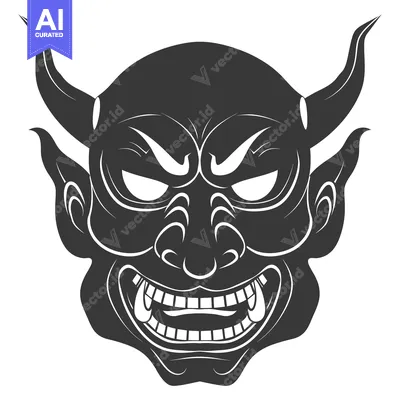 Aset desain premium: Black and White Illustration of a Japanese Oni Demon Mask