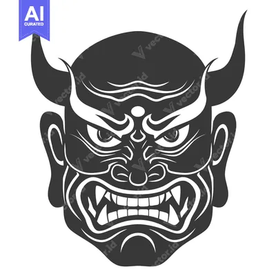 Aset premium populer: Black and White Illustration of a Japanese Demon Mask