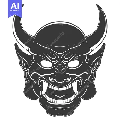 Premium design asset: A detailed illustration of a Japanese Oni mask with sharp horns and fa