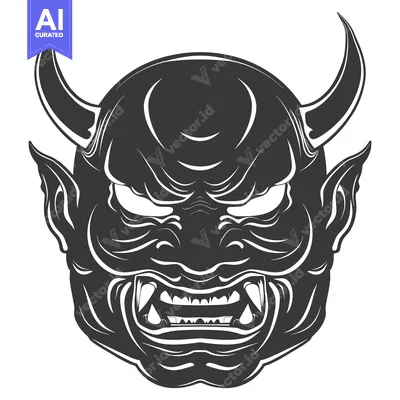 Aset premium populer: Black and White Illustration of a Japanese Oni Demon Mask with Horns