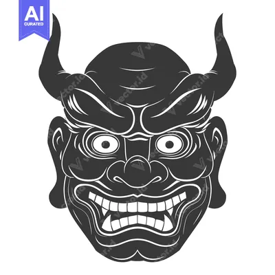 Aset premium populer: Black and White Illustration of a Japanese Demon Mask