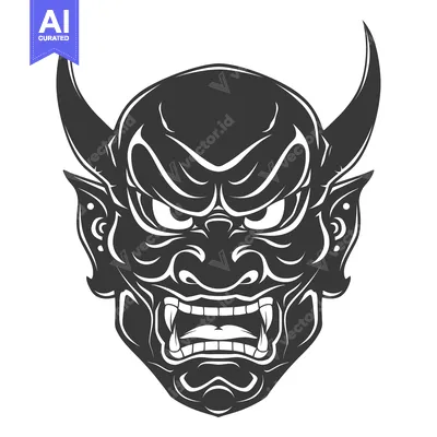 Aset desain premium: A detailed illustration of a menacing Japanese Oni demon mask with hor